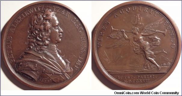 AE Medal commemorating visit of Peter the Great to the Paris Mint in 1717. Paris Mint by Du Vivier. Diakov 52.1