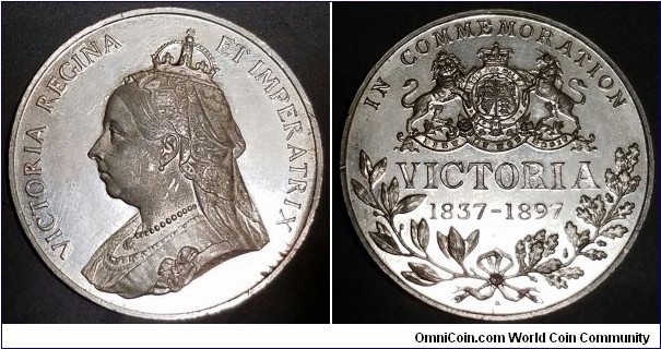 77Ir Medal commemorating Queen Victoria's Diamond Jubilee. M.B.T.D on bust indicates Birmingham mint, H under bow for Ralph Heaton, probably made by Spink. The ebay seller said it is  Iridium, but the claim is suspect because Iridium is extremely hard, so a good die strike would be nearly impossible using 1890s technology. Iridium is also one of the most dense elements at 22 g/cc, and this medal's density is about 5.7 g/cc, so it is probably made of pewter or some white metal alloy of aluminum, copper, tin, antimony and lead. M. Jacobi is said to have made medals of 20% iridium about 1860. Rwanda has made a pure iridium coin in 2013 as part of their 