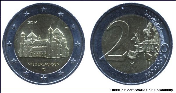 Germany, 2 euros, 2014, Cu-Ni-Ni-Brass, bi-metallic, 25.75mm, 8.5g, MM: D, Niedersachsen, St. Michael church in Hildesheim.