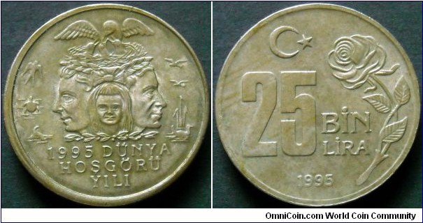 Turkey 25000 lira.
1995, Year of Tolerance. Special thanks to Dr. Akdeveli