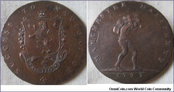 1793 Manchester Conder Halfpenny, edge inscription, PAYABLE IN MANCHESTER LONDON OR BRISTOL