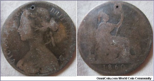 1860 penny low grade and holed