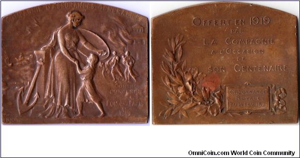 Bronze plaquette struck for La Compagnie D'Assurances Generale(Paris), a french assurance commpany covering fire risks, and in its centenary year (1919)