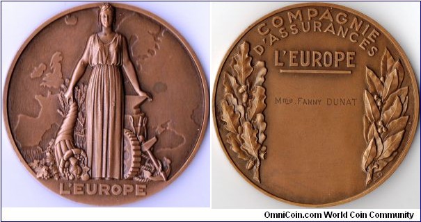 bronze medal struck for L'Europe', a french assurer covering fire risk. 