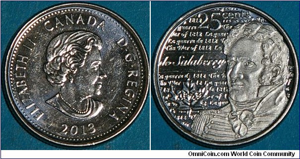 Lieutenant Colonel de Salaberry, from the War of 1812 series. 25 cents, Ni plated Steel, 24 mm