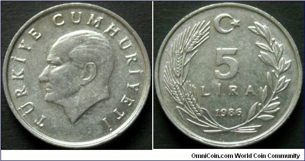 Turkey 5 lira.
1986