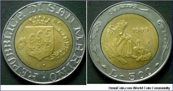 San Marino 500 lire.
1989, Bimetal.