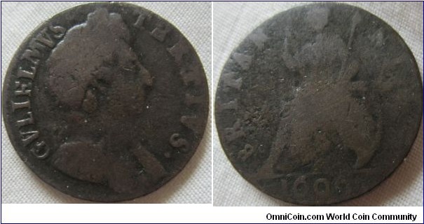1696 farthing small B in Britannia mix of small and large letter in GVLIELMVS