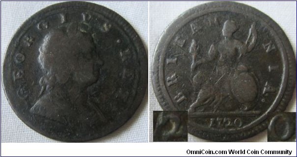 1720 halfpenny, possibly over 1719 some date recutting near the 2 and possibly part of the 9 still inside the 0