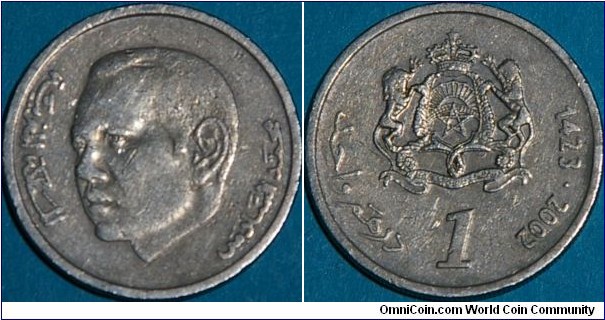 1Dirham, Mohammed VI, year 1423 (2002). Cu-Ni, 24 mm. (ref. http://en.numista.com/catalogue/pieces2319.html)