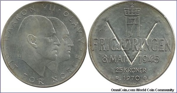 Norway 25 Kroner 1970 - silver