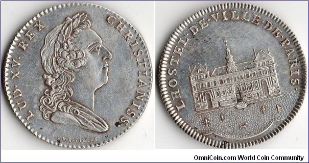 silver jeton struck for the Paris Municipality during the reign of Louis XV (circa 1760-68). Reverse: Paris Town House