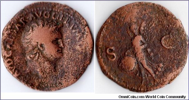 Ae As of Nero (54-68 ad). obv: Nero facing right. Rev: Victory holding shield inscribed SPQR.