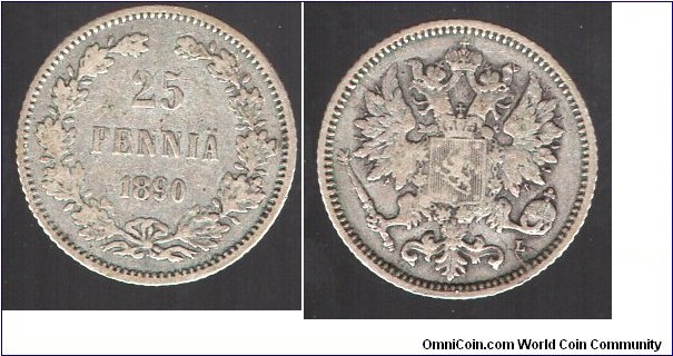 Grand Duchy of Finland 25 Pennia  Alexander III