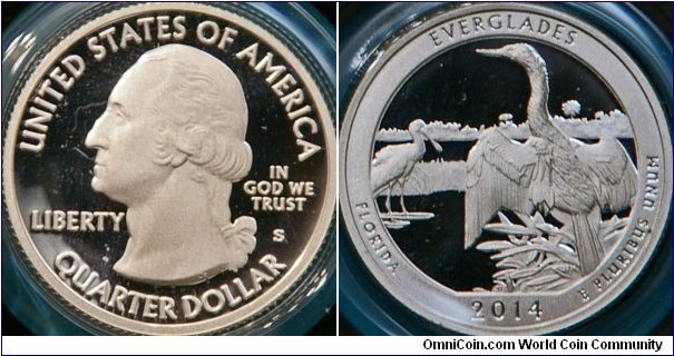 Everglades Nat. Park, FL, quarter.  Features an anhinga with outstretched wings on a willow tree and a roseate spoonbill in the background. (ref. http://www.usmint.gov/kids/coinNews/atb/)