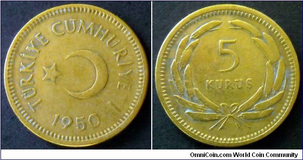 Turkey 5 kurus.
1950, Brass.