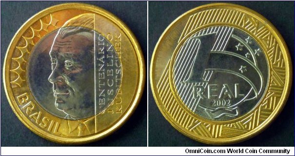 Brazil 1 real.
2002, 100th Anniversary of the birth of Juscelino Kubitschek. Bimetal.