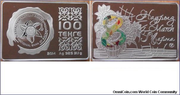 100 Tenge - 8th of March, woman's day - 31.1 g 0.925 silver Proof - mintage 4,000
