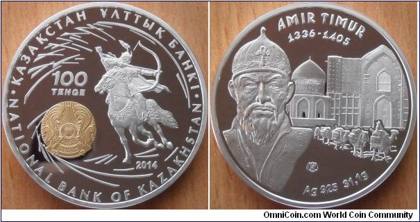 100 Tenge - Amir Timur (Tamerlan) - 31.1 g 0.925 silver Proof - mintage 13,000
