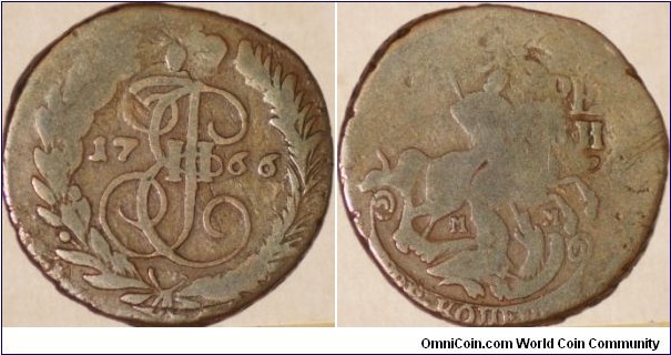 Bronze 2 kopeeks(striked over 4 kopeeks 1762)