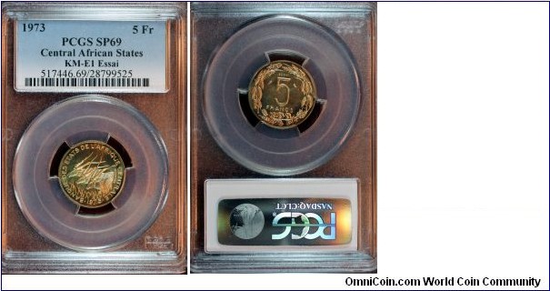 KM-E1, 1973 Central African States 5 francs, Paris mint; aluminum-bronze, plain edge, essai; mintage 1550, small nice gem PCGS graded SP69.