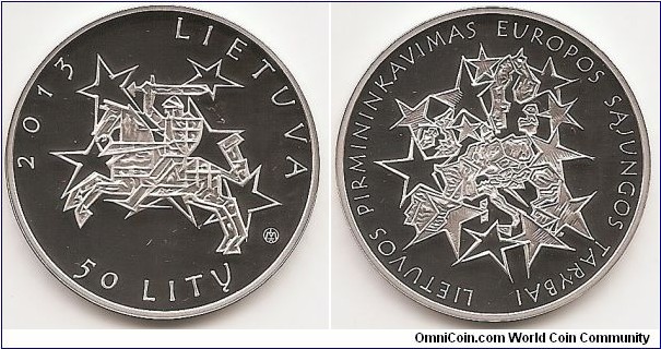 50 Litu
KM#196
Coin dedicated to Lithuania’s Presidency of the Council of the European Union. The obverse of the coin contains Vytis, a stylized coat-of-arms of the Republic of Lithuania in the centre; the inscriptions 2013, LIETUVA (Lithuania) are arranged in a semicircle above them; the denomination 50 LITŲ (50 litas) is placed at the bottom. The mintmark of the Lithuanian Mint is on the obverse of the coins. The reverse of the coins features a stylised map of the Europe Union in the centre, the inscription LIETUVOS PIRMININKAVIMAS EUROPOS SĄJUNGOS TARYBAI (LITHUANIA‘S PRESIDENCY OF THE COUNCIL OF THE EUROPEAN UNION) is arranged in a circle. Silver Ag 925; quality — proof; diameter — 38.61 mm; weight — 28.28 g. On the edge of the coin: twice the inscription 2013 07 01 – 2013 12 31*. Designed by Rytas Jonas Belevičius. Mintage 4,000 pcs. Issued 25.06.2013. The coin was minted at the state enterprise Lithuanian Mint.