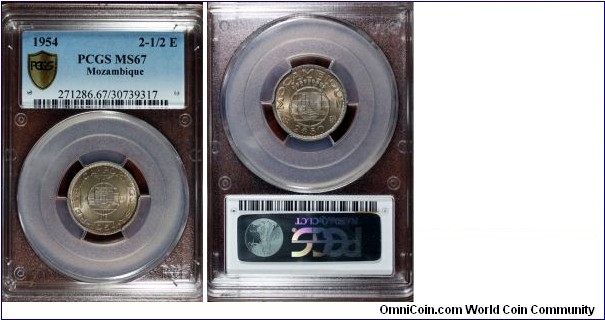 KM-78, 1954 Portugueze Mozambique (Colony) 2.5 escudo; copper-nickel, reeded edge; PCGS graded MS 67.