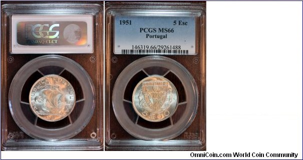 KM-581, 1951 Portugal 5 escudo; silver, reeded edge; PCGS graded MS 66.