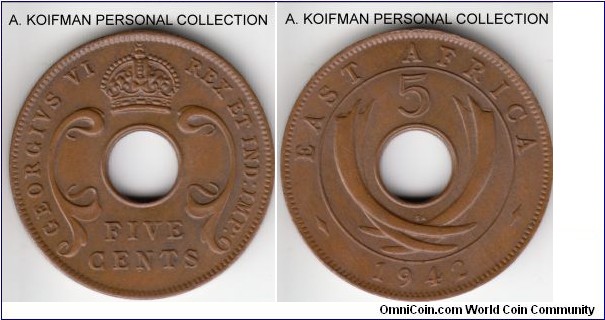 KM-25.2, 1942 East Africa 5 cents, Pretoria (South Africa) mint (SA mint mark); bronze, plain edge; higher grade uncirculated specimen, scarcer coin.