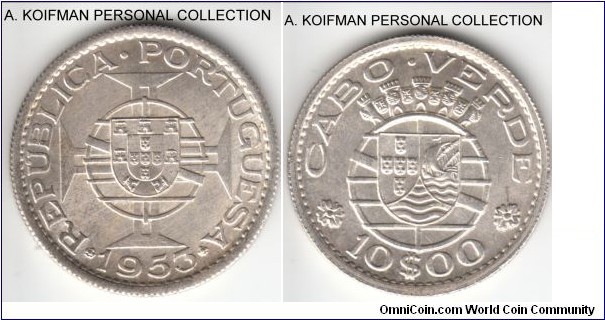 KM-10, 1953 Cabo (Cape) Verde 10 escudos; silver, reeded edge; miintage 400,000 lightly toned uncirculated specimen.