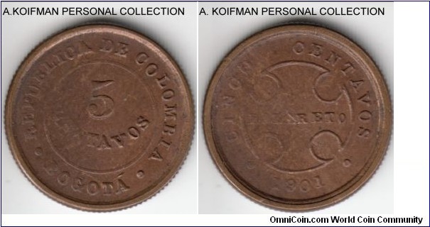 KM-L2, 1901 Colombia 5 centavos, Bogota mint; brass, reeded edge; minted for leper colony circulation, as typical, not fully struck, otherwise appear to be uncirculated and is scarce with mintage 15,000 only.