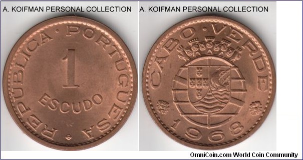 KM-8, 1968 Cabo (Cape) Verde escudo; bronze, plain edge; red brilliant uncirculated.