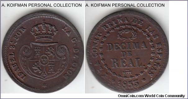 KM-590, 1853 Spain 1/10 real, Segovia mint (mint mark - acqueduct); copper, plain edge; slightly off center uncirculated.