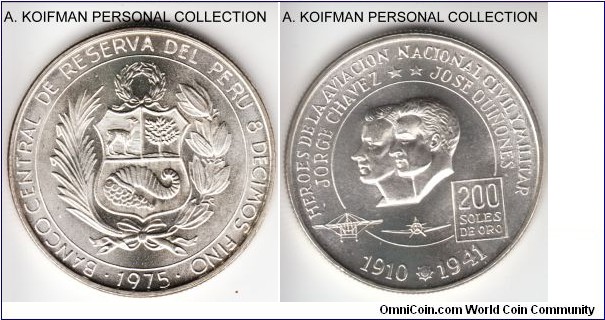 KM-262, 1975 Peru 200 soles de oro; silver, reeded edge; white brilliant uncirculated coin, very nice, 5 year issue, still a small mintage of 90,000.