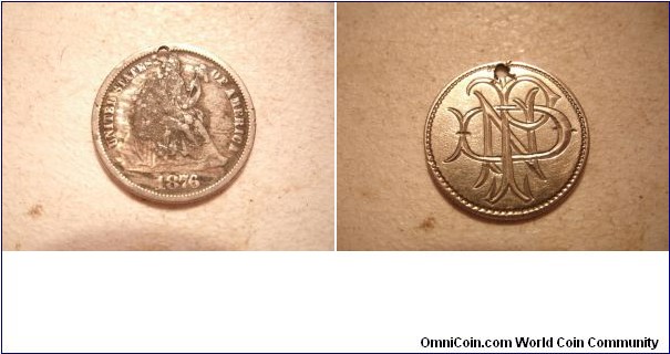 1876 Seated liberty Dime turned into a love token.
