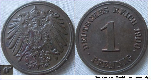 1900 G 1 pfennig, G over G in mint letter