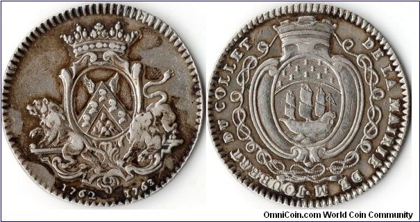 silver jeton struck for Leonard Joubert du Collet, Mayor of Nantes in relation to his term in office for 1762-63.