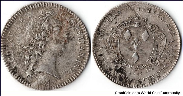 scarcer silver jeton struck circa 1750 during the reign of Louis XV for the Corporation de Vitries / Peintures sur Verre de Paris (Guild of Glaziers and Glass Painters of Paris. The reverse die was first used under Louis XIIII hence the date of 1715. This example was struck using dirty dies and has also suffered from what appears to be damage
due to chlorine exposure. Don't store your coins in plasticised flips folks!!