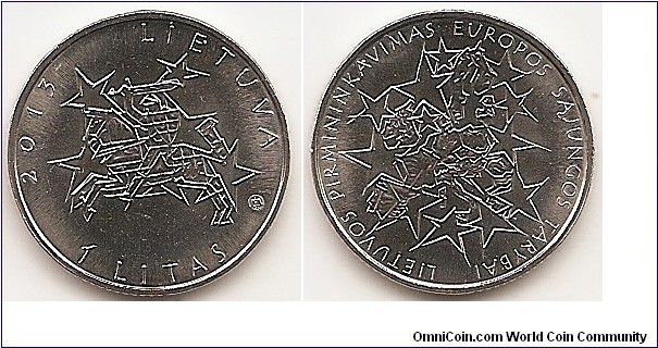 1 Litas
KM#182
Coin dedicated to Lithuania’s Presidency of the Council of the European Union. The obverse of the coin contains Vytis, a stylized coat-of-arms of the Republic of Lithuania in the centre; the inscriptions 2013, LIETUVA (Lithuania) are arranged in a semicircle above them; the denomination 1 LITAS is placed at the bottom. The mintmark of the Lithuanian Mint is on the obverse of the coins. The reverse of the coins features a stylised map of the Europe Union in the centre, the inscription LIETUVOS PIRMININKAVIMAS EUROPOS SĄJUNGOS TARYBAI (LITHUANIA‘S PRESIDENCY OF THE COUNCIL OF THE EUROPEAN UNION) is arranged in a circle. 6.2500 g., Copper-Nickel, 22.3 mm. Edge: Segmented reeding. Designed by Rytas Jonas Belevičius. Mintage 100,000 pcs. Issued 25.06.2013. The coin was minted at the state enterprise Lithuanian Mint.