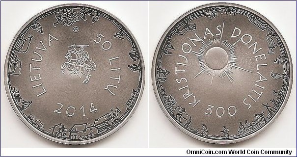 50 Litu
KM#204
Coin dedicated the 300th anniversary of the birth of Kristijonas Donelaitis. The obverse of the coin features a stylized coat of arms of the Republic of Lithuania, which is surrounded by the inscriptions LIETUVA 2014, 50 LITŲ and images of the life of Lithuanian peasants. The mintmark of the Lithuanian Mint is impressed on the obverse of the coin. On the reverse of the coin, works and activities of Lithuanian peasants, depicted with reference to motifs of the poem “Metai” by Kristijonas Donelaitis, as well as the Sun, which represents the Earth’s natural cycle change, revolve in the eternal circle of life. There is an inscription KRISTIJONAS DONELAITIS, 300. Silver Ag 925; quality — proof; diameter — 38.61 mm; weight — 28.28 g. On the edge of the coin: JAU SAULELĖ VĖL ATKOPDAMA BUDINO SVIETĄ (THE CLIMBING SUN AGAIN WAS WAKENING THE WORLD). Designed by Tadas Žebrauskas and Giedrius Paulauskis. Mintage 3,000 pcs. Issued 28.01.2014. The coin was minted at the state enterprise Lithuanian Mint.