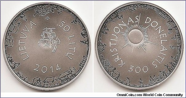50 Litu
KM#204
Coin dedicated the 300th anniversary of the birth of Kristijonas Donelaitis. The obverse of the coin features a stylized coat of arms of the Republic of Lithuania, which is surrounded by the inscriptions LIETUVA 2014, 50 LITŲ and images of the life of Lithuanian peasants. The mintmark of the Lithuanian Mint is impressed on the obverse of the coin. On the reverse of the coin, works and activities of Lithuanian peasants, depicted with reference to motifs of the poem “Metai” by Kristijonas Donelaitis, as well as the Sun, which represents the Earth’s natural cycle change, revolve in the eternal circle of life. There is an inscription KRISTIJONAS DONELAITIS, 300. Silver Ag 925; quality — proof; diameter — 38.61 mm; weight — 28.28 g. On the edge of the coin: JAU SAULELĖ VĖL ATKOPDAMA BUDINO SVIETĄ (THE CLIMBING SUN AGAIN WAS WAKENING THE WORLD). Designed by Tadas Žebrauskas and Giedrius Paulauskis. Mintage 3,000 pcs. Issued 28.01.2014. The coin was minted at the state enterprise Lithuanian Mint.