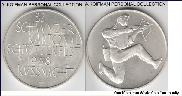 1968 Switzerland Kussnacht (Schwyz) cantonal shooting medal; silver, plain edge; 15 grams medal, matte uncirculated; Kapelli-SZ/12