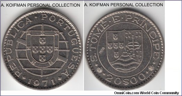 KM-Pr32, 1971 San Tomas and Prince 20 escudos; nickel, reeded edge; brilliant uncirculated, proof like surfaces, scarce prova.