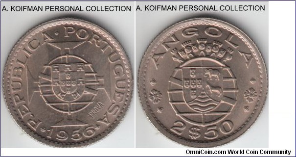KM-PR42, 1956 Portuguese Angola 2 1/2 escudo; copper-nickel, reeded edge; brilliant uncirculated prova, not very scarce but very nice nevertheless.