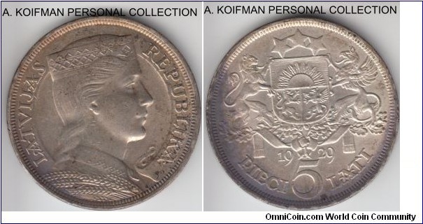 KM-9, 1929 Latvia 5 lati; silver, lettered edge; toned, about uncirculated.