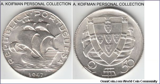 KM-580, 1947 Portugal 2 1/2 escudos; silver, reeded edge; common but gem brilliant uncirculated coin.