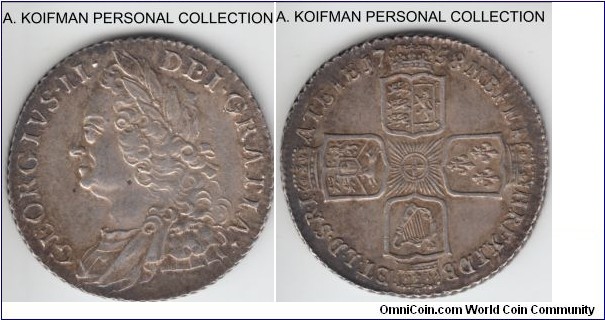 KM-583.3, 1758 Great Britain shilling; silver, slant reeded edge; extra fine.