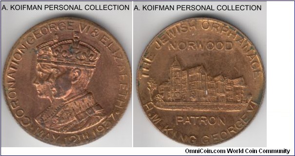 1937 Great Britain George VI coronation token; gilt, reeded edge, 28 mm; THE JEWISH ORPHANAGE NORWOOD, PATRON H.M.KING GEORGE VI, some of the gilt worn off, but overall unusual token.