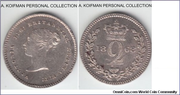 KM-729, 1868 Great Britain maundy 2 pence; silver, plain edge; uncirculated, a small rim nick on obverse.