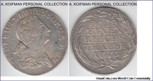 KM-303, German States Prussia 1/3 thaler, Breslau mint (B mintmark); silver, slant reeded edge; extra fine but a cut behind Friedrich's neck and a gouge on reverse.